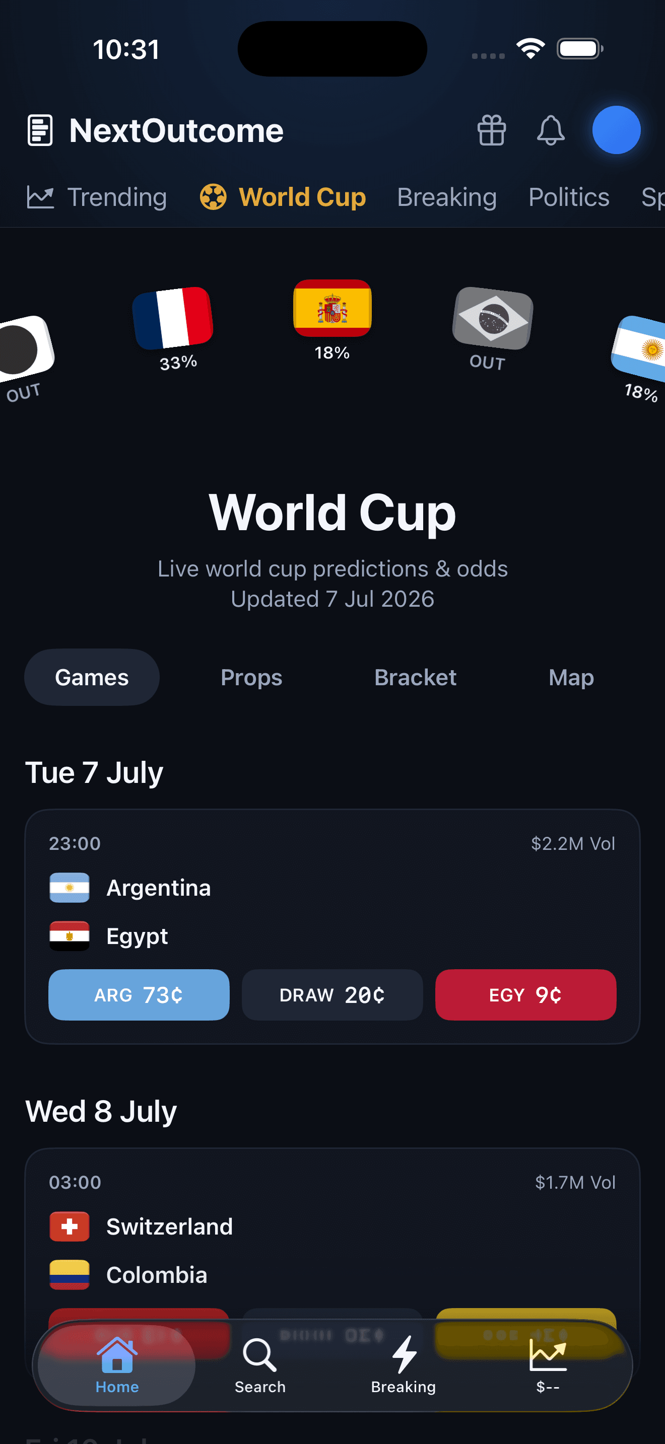 World Cup match cards with live moneyline prices