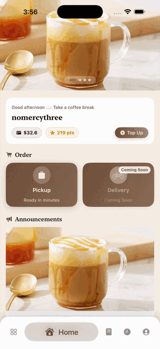 CoffeeCraft home screen with featured drinks in motion